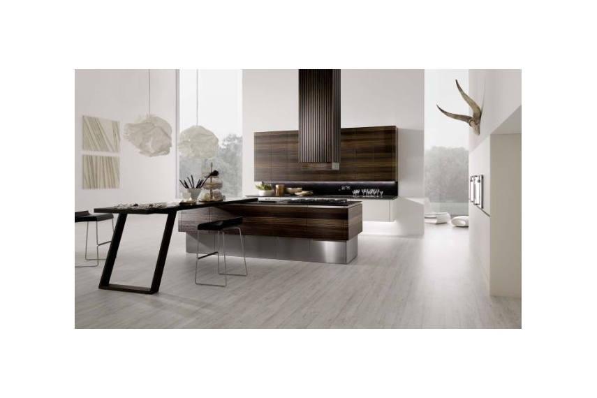Noes kitchen, striking linear lines, handle-less form with book-matched veneer fronts