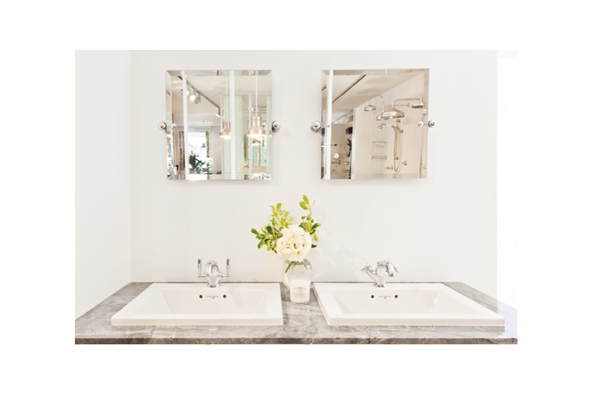 Perrin & Rowe rectangular basins on Hawthorn Hill contemporary double basin stand