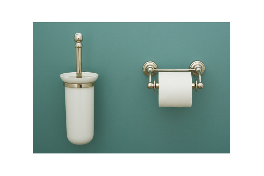Perrin & Rowe wall mounted toilet brush and hinged bar paper holder