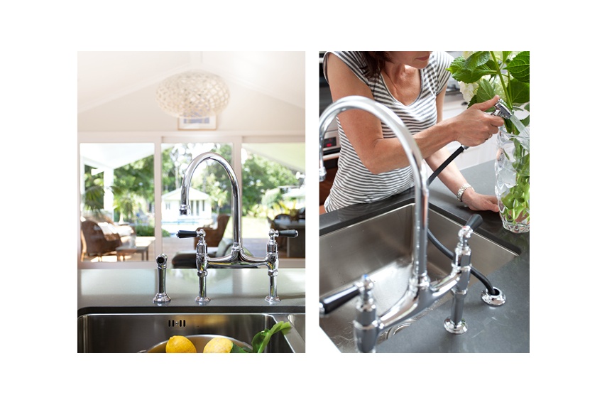 Perrin & Rowe Ionian bridge-style mixer with spray rinse and black porcelain handles in chrome