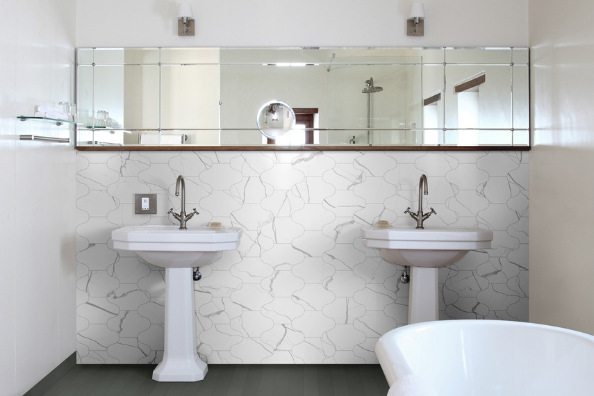 Marmo Bianco Fes Oliva floor tiles in 7.5 x 60 size.