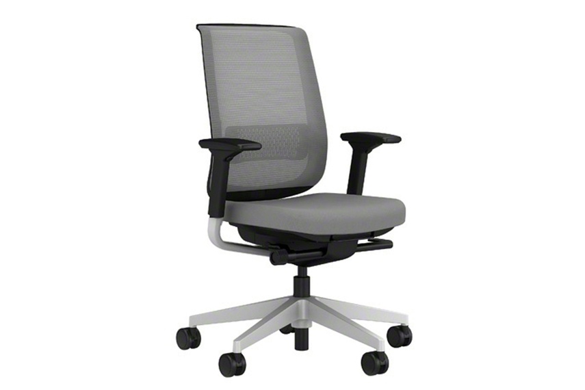 Reply chair with mesh back, adjustable arms and upholstered seat.