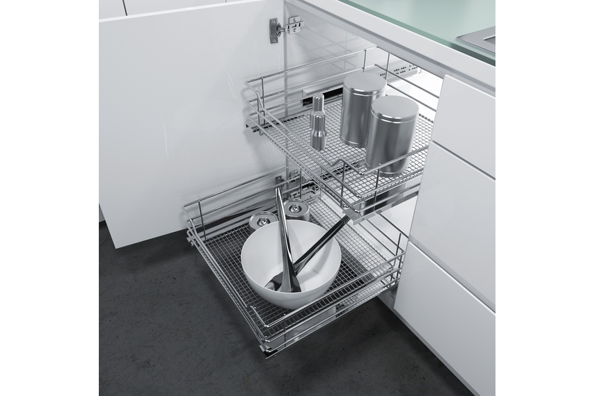 Vauth Sagel pull-out basket for behind hinged door installation.