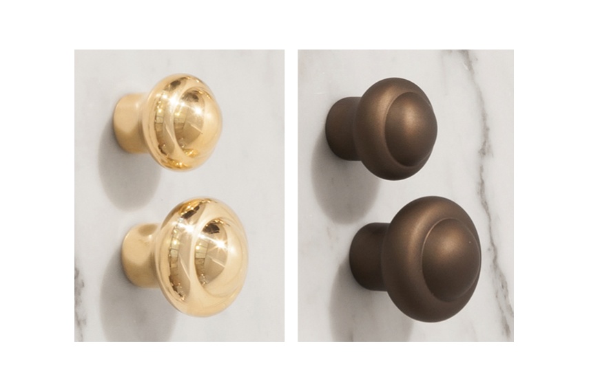 Perrin & Rowe cabinet knobs are available in two sizes – left: gold, right: eenglish bronze