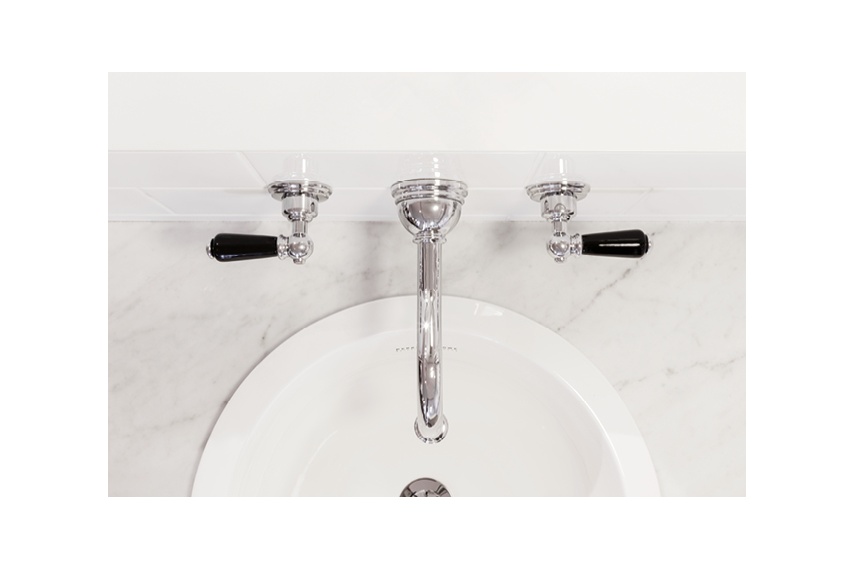 Perrin & Rowe Traditional wall mounted basin tap with black porcelain levers in chrome