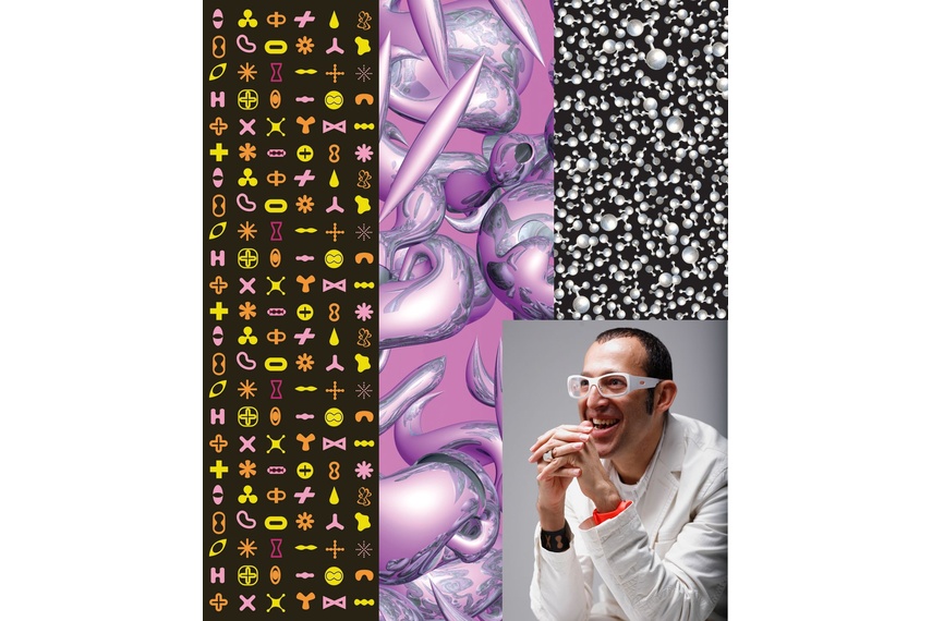 Karim Rashid with some examples of his Digitalia designs for Abet Laminati