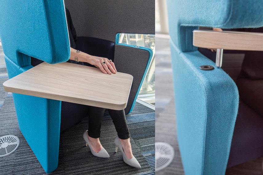 Swivelling table top that can be positioned on the left or right.